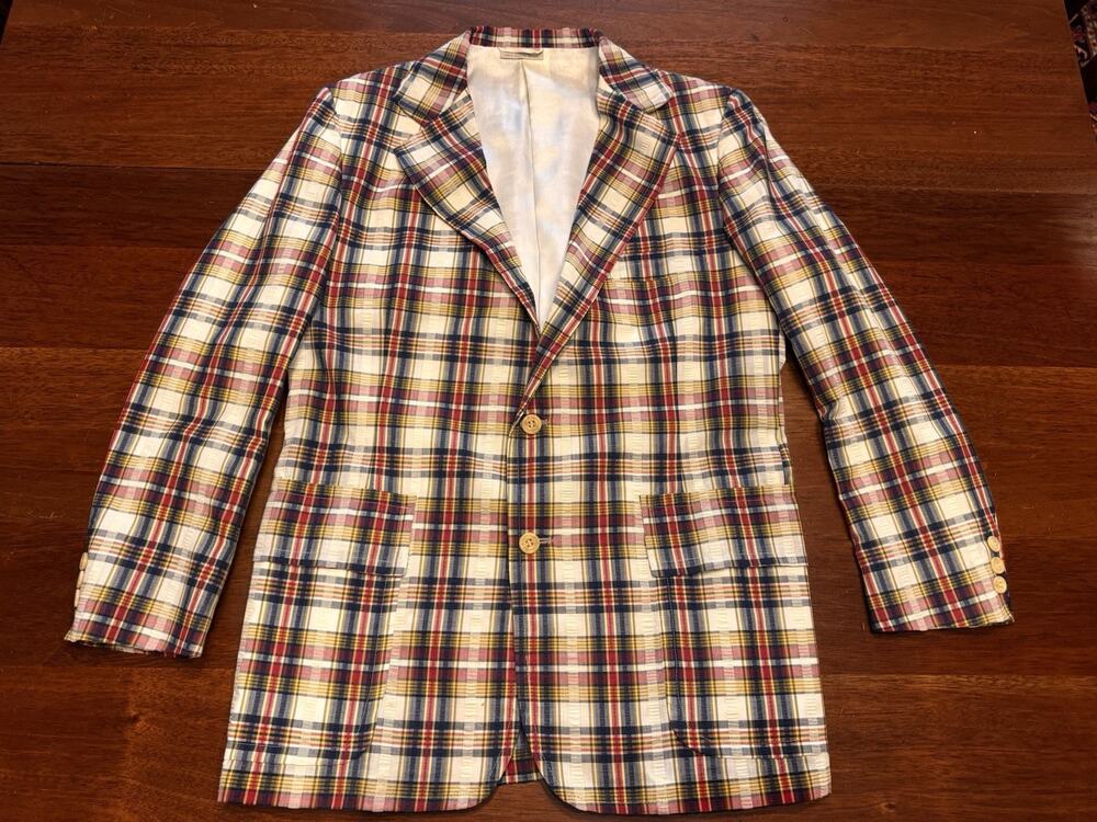 Vintage Mens @ 40 Plaid Madras Sport Coat Blazer Seersucker Preppy Ivy Trad